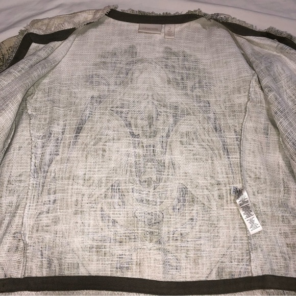 Chicos Jacket Open Front Size 2 Large Woven Textured Green Print Frayed Edges - Picture 12 of 13